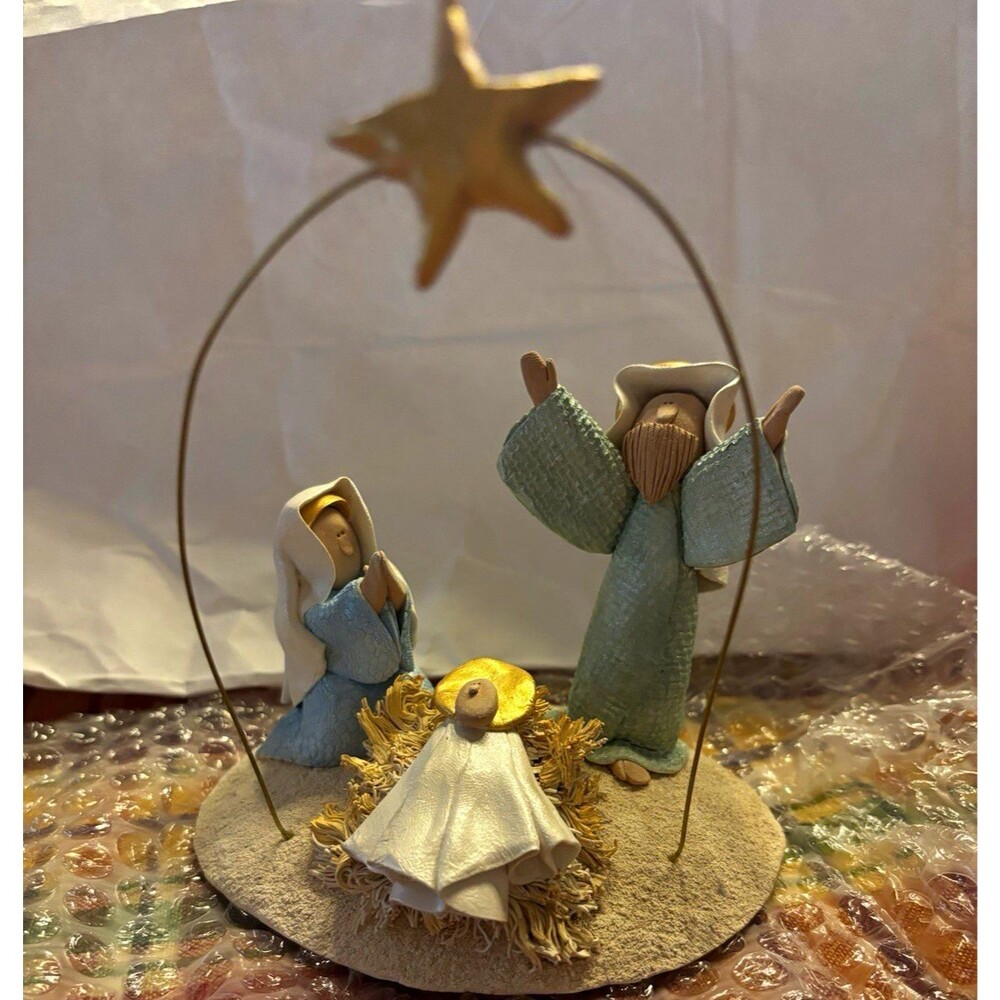 Hand Painted Ceramic Nativity Figurines Set 3 Mary Joseph Baby Jesus Blue